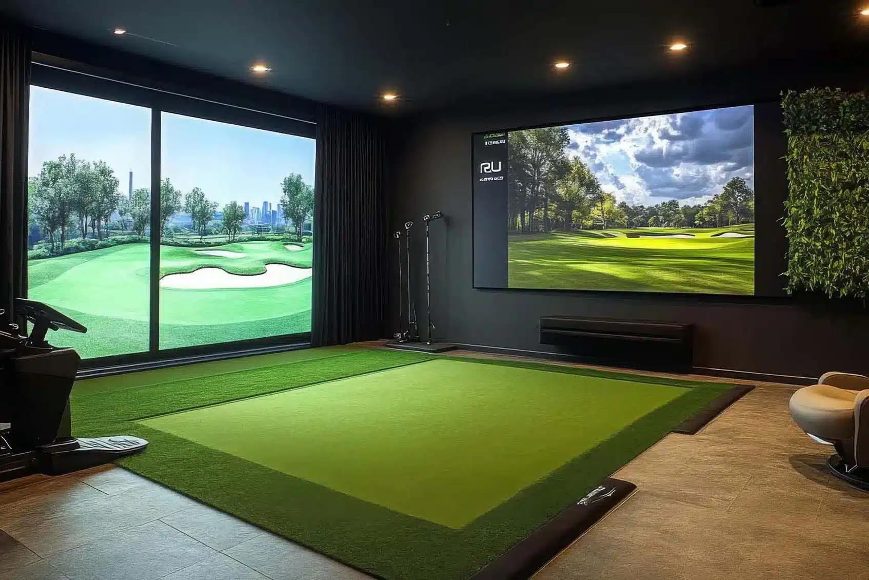 DFW golf simulator room with professional screen setup and optimized hitting position